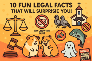 Fun legal facts cartoon illustration: justice scales, gavel, guinea pigs, no chewing gum, pigeons, fake mustache in church, flip-flops, ghost in judge wig, salmon, bingo card.